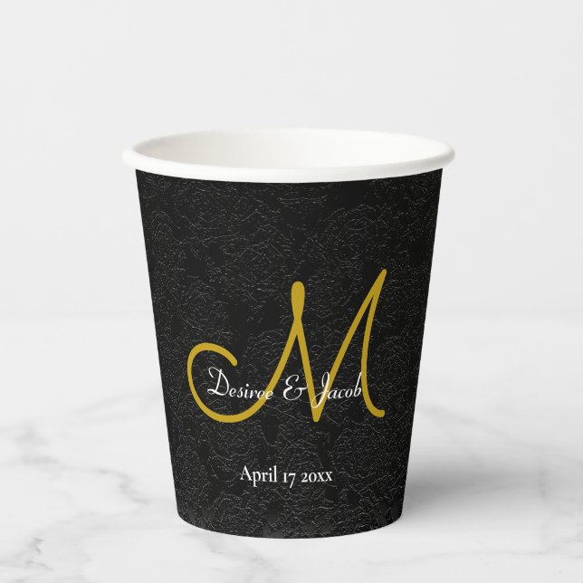 Simple Black White Gold Elegant Wedding Monogram Paper Cups (Front)
