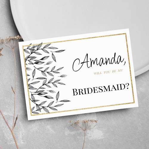 Simple black white gold floral foliage Bridesmaid Invitation