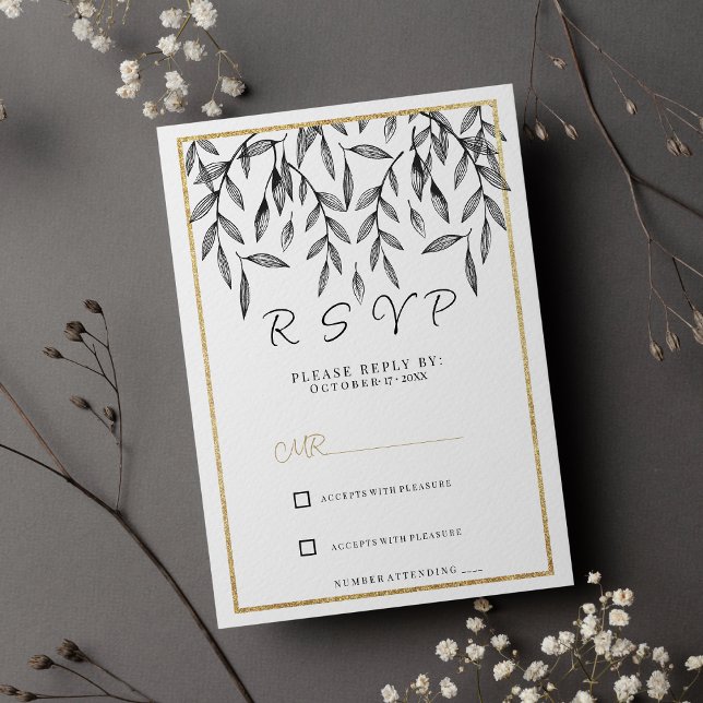 Simple black white gold floral foliage RSVP Invitation (Simple black white gold floral foliage RSVP)