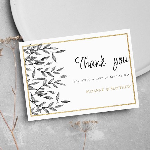 Simple black white gold floral foliage Thank You Invitation