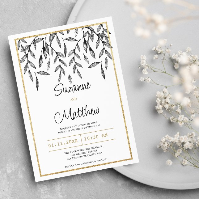 Simple black white gold floral foliage wedding invitation (Simple black white gold floral foliage wedding)