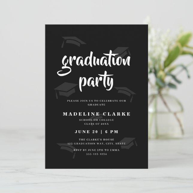 Simple Black & White Grad Cap Graduation Party Invitation (Standing Front)