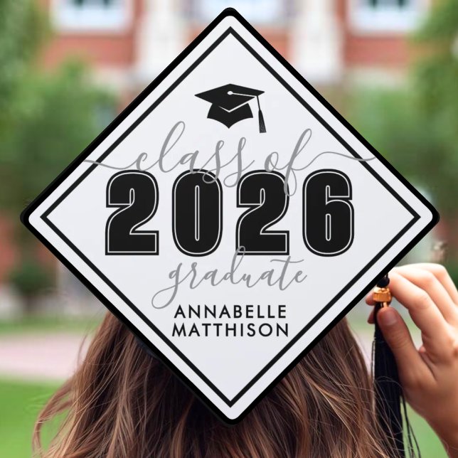 Simple Black White Graduation Cap Topper (Class Of 2025 Bold Elegant Black White Graduation Cap Topper)