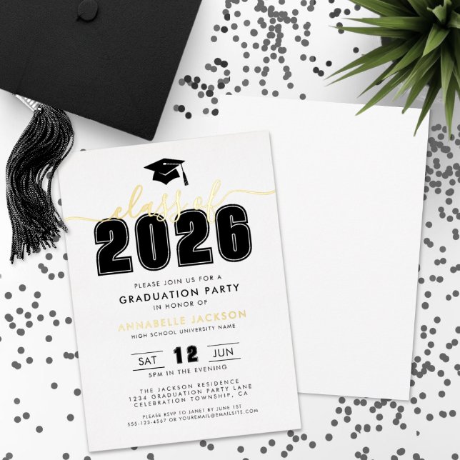 Simple Black White Graduation Party Gold Foil Invitation (Simple Modern Black White Graduation Party Gold Foil Invitation )