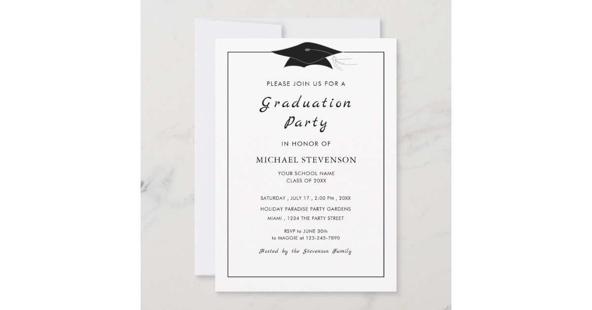 Simple Black White Graduation Party Invitation Cap | Zazzle