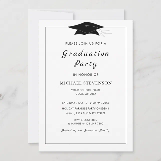 Simple Black White Graduation Party Invitation Cap | Zazzle