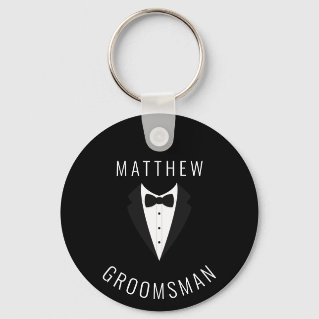 Simple Black White Groomsman Personalized Wedding Keychain (Front)