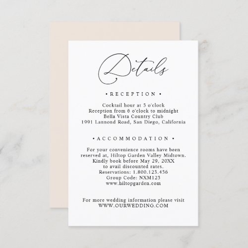 Simple Black & White Guest Info Wedding Details Enclosure Card - Designed to coordinate with our Romantic Script wedding collection, this customizable Details card, features a sweeping script calligraphy text paired with a classy serif font in black with a dewy blush back. Matching items available.