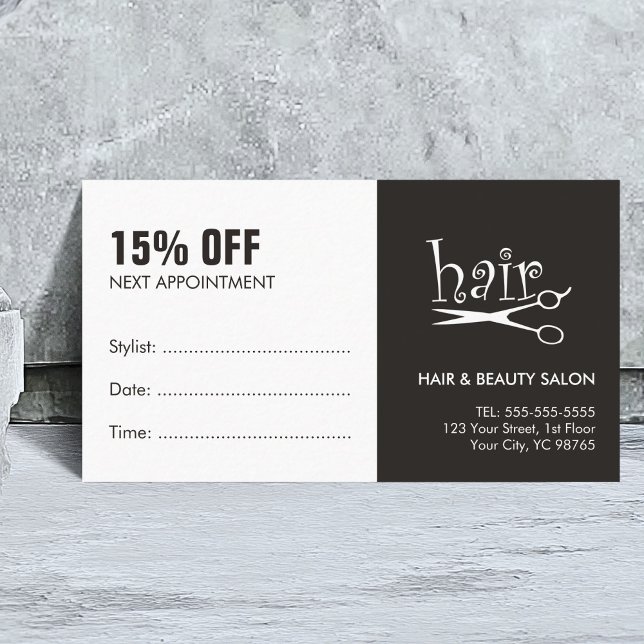 Simple Black White Hair Appointment Coupon Card (Creator Uploaded)