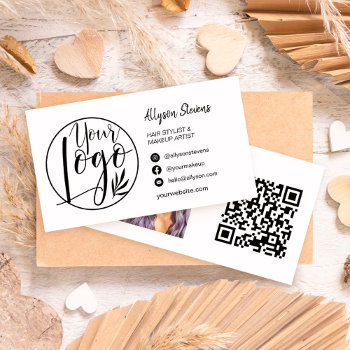 Simple Black White Hair Makeup Photo Logo Qr Code Business Card by girly_trend at Zazzle