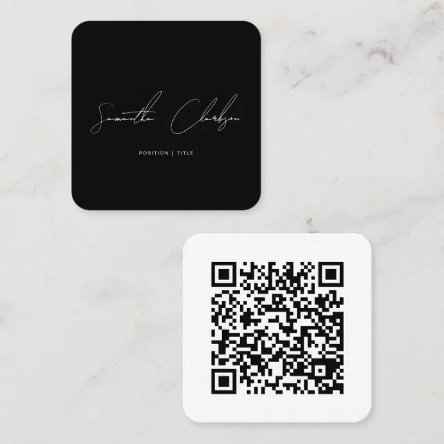 Simple Black & White Handwritten Script QR Code Square Business Card ...