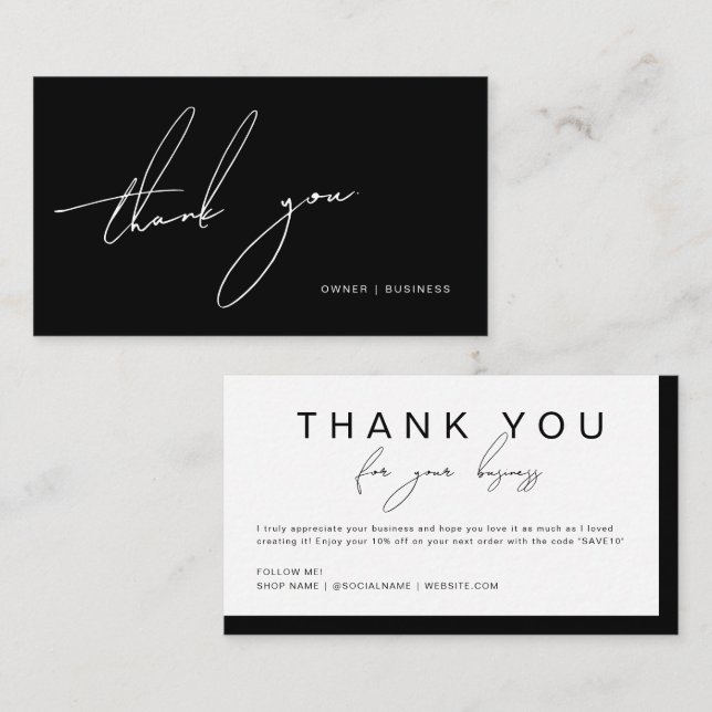Simple Black White Handwritten Script Thank You Business Card (Front/Back)