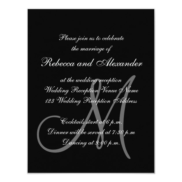 Simple Black, White Initial Wedding Reception Card