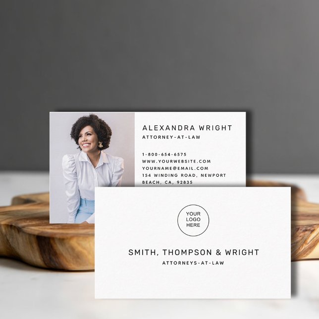 Simple Black White Law Legal Lawyer Photo Business Card (law lawyer attorney paralegal professional logo business card social media template minimalist white)