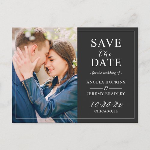 Simple Black White Layout Photo Save the Date Postcard