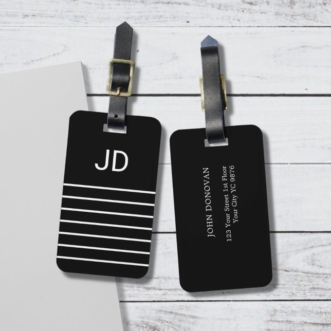 Simple Black White Lines Monogram Luggage Tag (Creator Uploaded)
