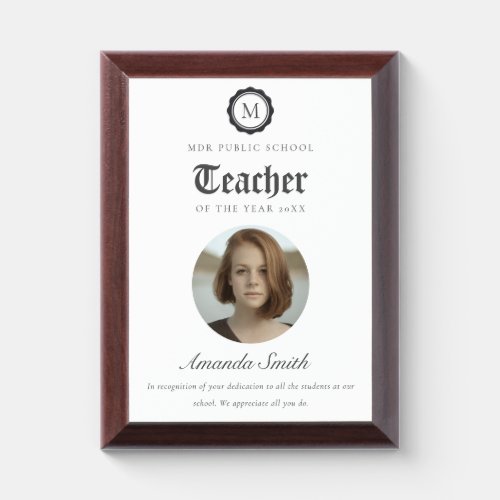 Simple Black White Logo Photo Teacher of The Year Award Plaque