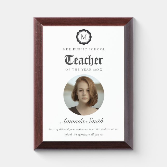 Simple Black White Logo Photo Teacher of The Year Award Plaque (Vertical)