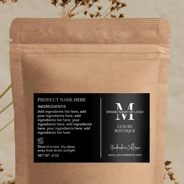 Simple Black & White Logo Product Ingredients Rectangular Sticker (Minimalist rectangle product ingredients stickers with space for your logo or monogram)