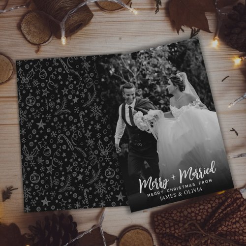 Simple Black  White Merry And Married Photo       Holiday Card