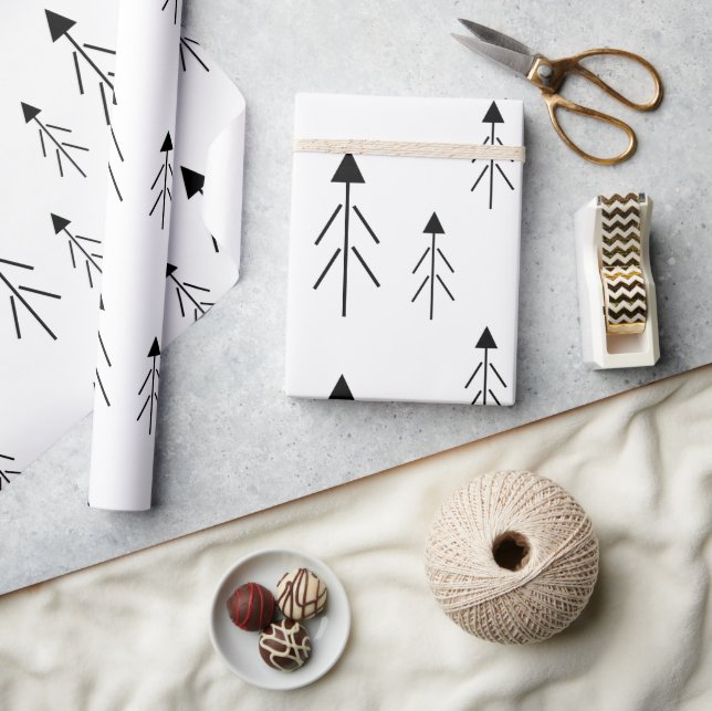 Simple Black White Merry Christmas Trees Gift  Wrapping Paper (Crafts)