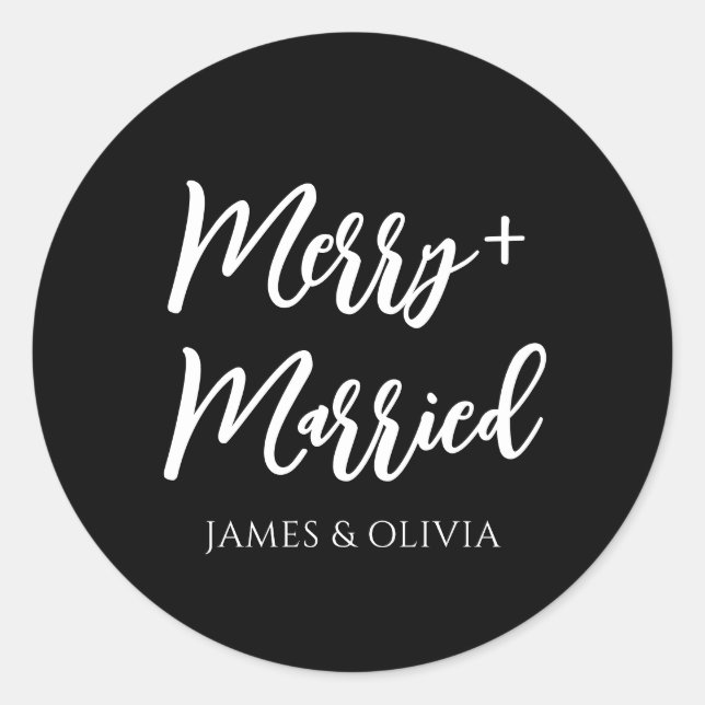 Simple Black & White Merry & Married Christmas Classic Round Sticker (Front)