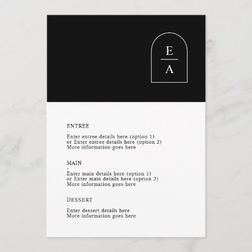 Simple Black  White Minimal Arch Monogram Wedding Menu