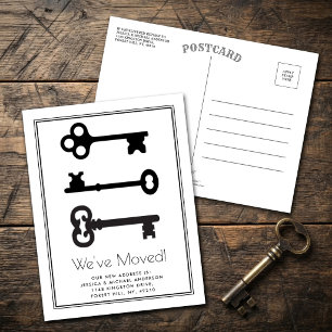 Simple Black White Minimal Key Moving Announcement Postcard
