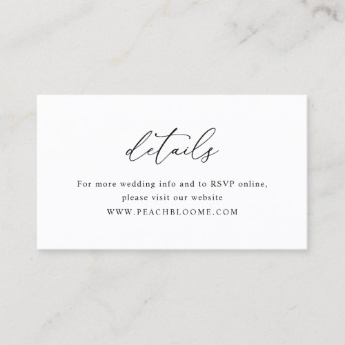 Simple Black & White Minimal Wedding Details Card - Designed to coordinate with our Stylish Script wedding collection, this customizable Details card, features a sweeping script calligraphy text paired with a classy serif font in black and a frosted sage green back. Matching items available.
