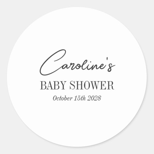 Simple Black White Minimalist Custom Baby Shower Classic Round Sticker