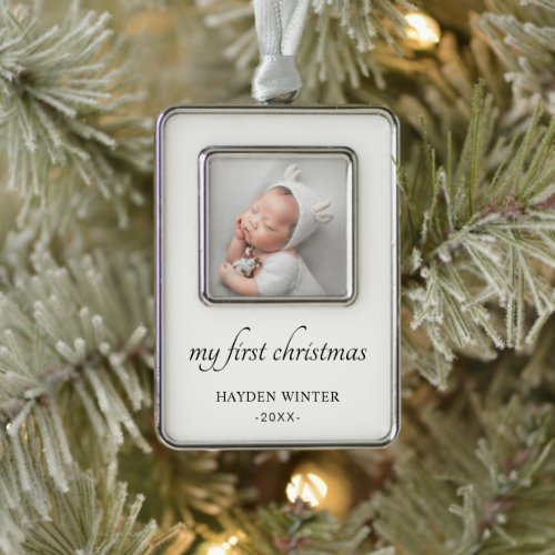 Simple Black White Minimalist Photo Babys First Christmas Ornament