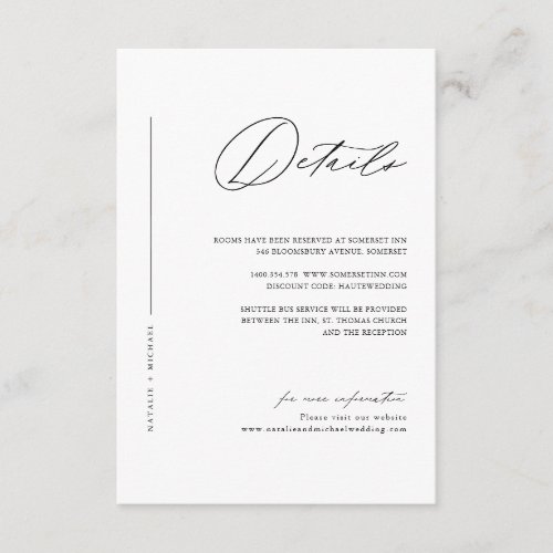 Simple Black  White Minimalist Wedding Details Enclosure Card