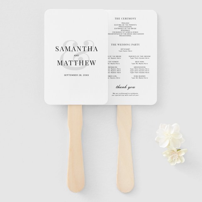 Simple Black & White Minimalist Wedding Program Hand Fan (Front and Back)