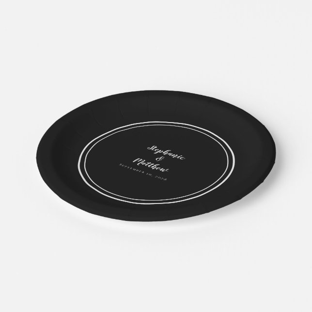 Simple Black & White Modern Bride & Groom Wedding Paper Plates (Angled)