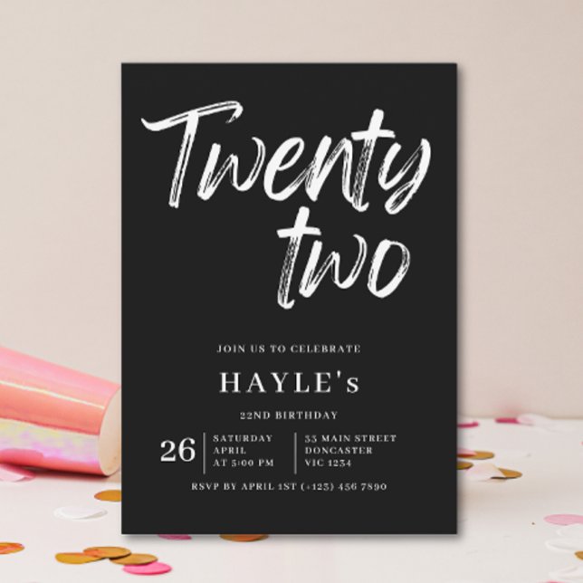 Simple Black & White Modern Brush 22nd Birthday Invitation (Creator Uploaded)
