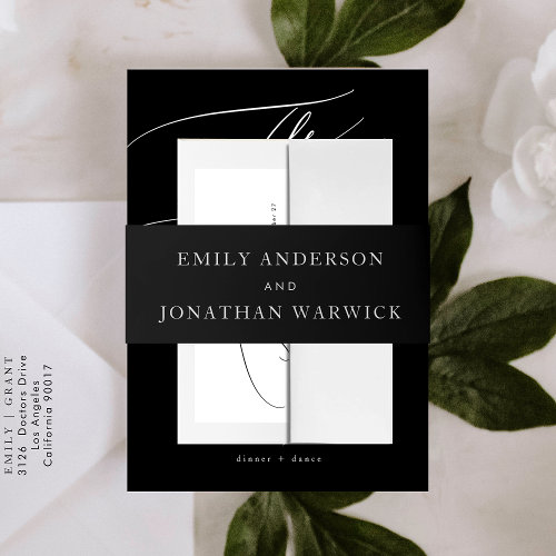 Simple Black White Modern Calligraphy Wedding Invitation Belly Band