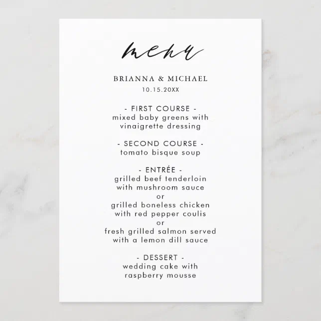 Simple Black & White Modern Calligraphy Wedding Me Menu | Zazzle