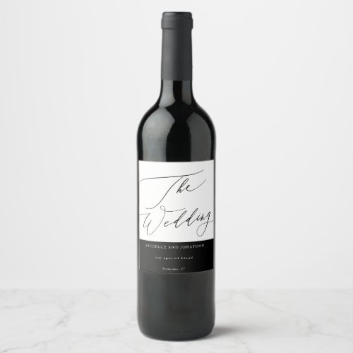 Simple Black  White Modern Calligraphy Wedding Wine Label