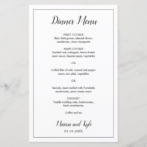 Simple Black White Modern Elegant Wedding Menu