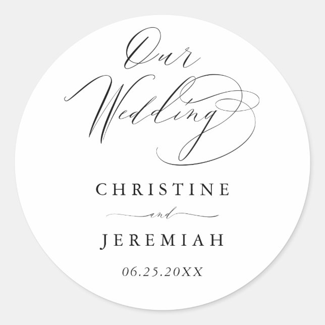Simple Black White Modern Script Wedding Classic Round Sticker (Front)