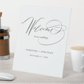 Simple Black White Modern Script Wedding Welcome Pedestal Sign