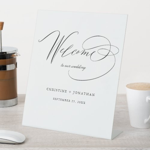 Simple Black White Modern Script Wedding Welcome Pedestal Sign