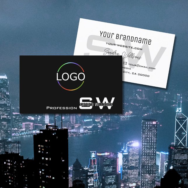 Simple Black White Modern with Monogram and Logo Business Card (Creator Uploaded)