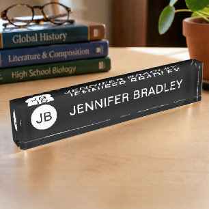 Simple Black White Monogram Custom Name Desk Name Plate