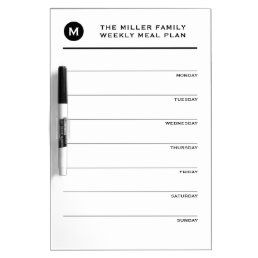Simple Black &amp; White Monogram Family Meal Planner Dry Erase Board