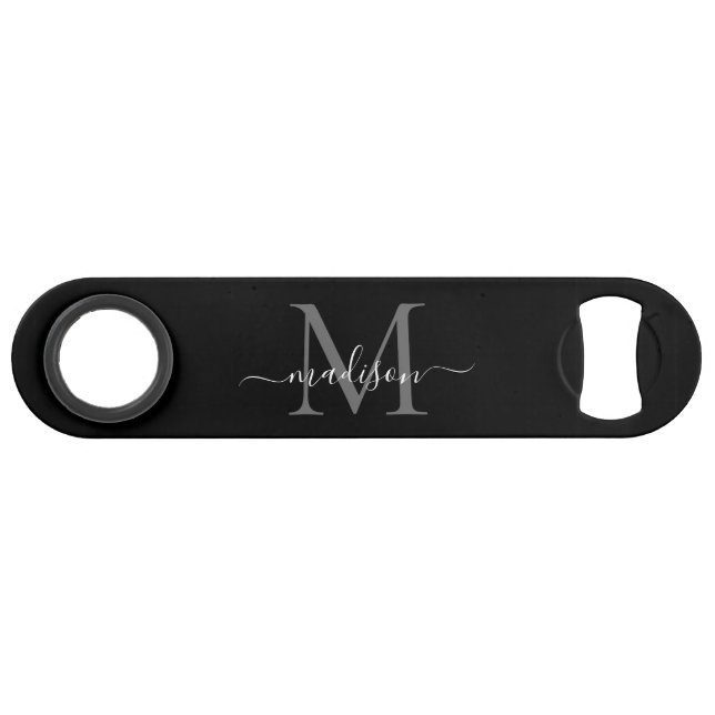 Simple Black White Monogram Girly Elegant Script Bar Key (Front (Horizontal))