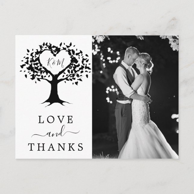 Simple Black & White Monogram Heart Tree Wedding Announcement Postcard (Front)