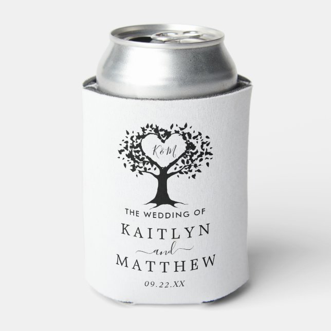 Simple Black & White Monogram Heart Tree Wedding Can Cooler (Can Front)