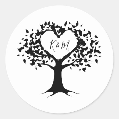 Simple Black  White Monogram Heart Tree Wedding Classic Round Sticker