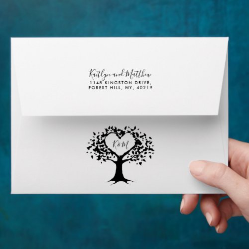 Simple Black  White Monogram Heart Tree Wedding Envelope